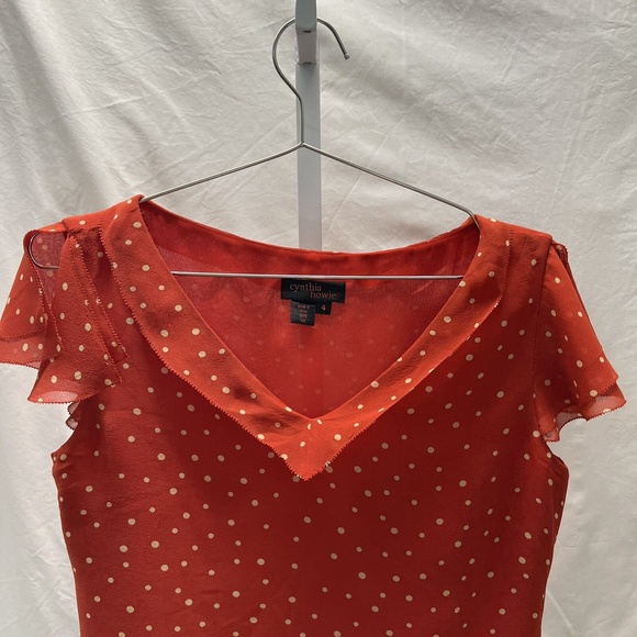Cynthia Howie Womens 4 Blouse Red white polka dots petal sleeve Lined 100% Silk - Picture 3 of 11